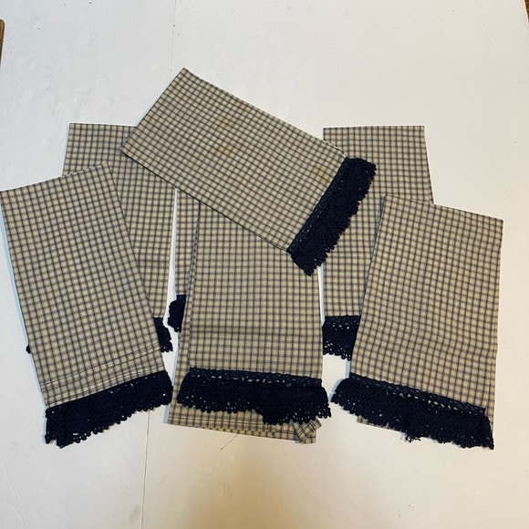 New Handmade Cotton Blue Check Lace Trim Bottom Hand Tee Towels Kitchen 7 piece - Picture 2 of 6